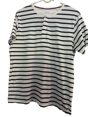 Denim & Flower Ricky Singh Mens Navy White Stripe Henley Shirt EUC L Nautical